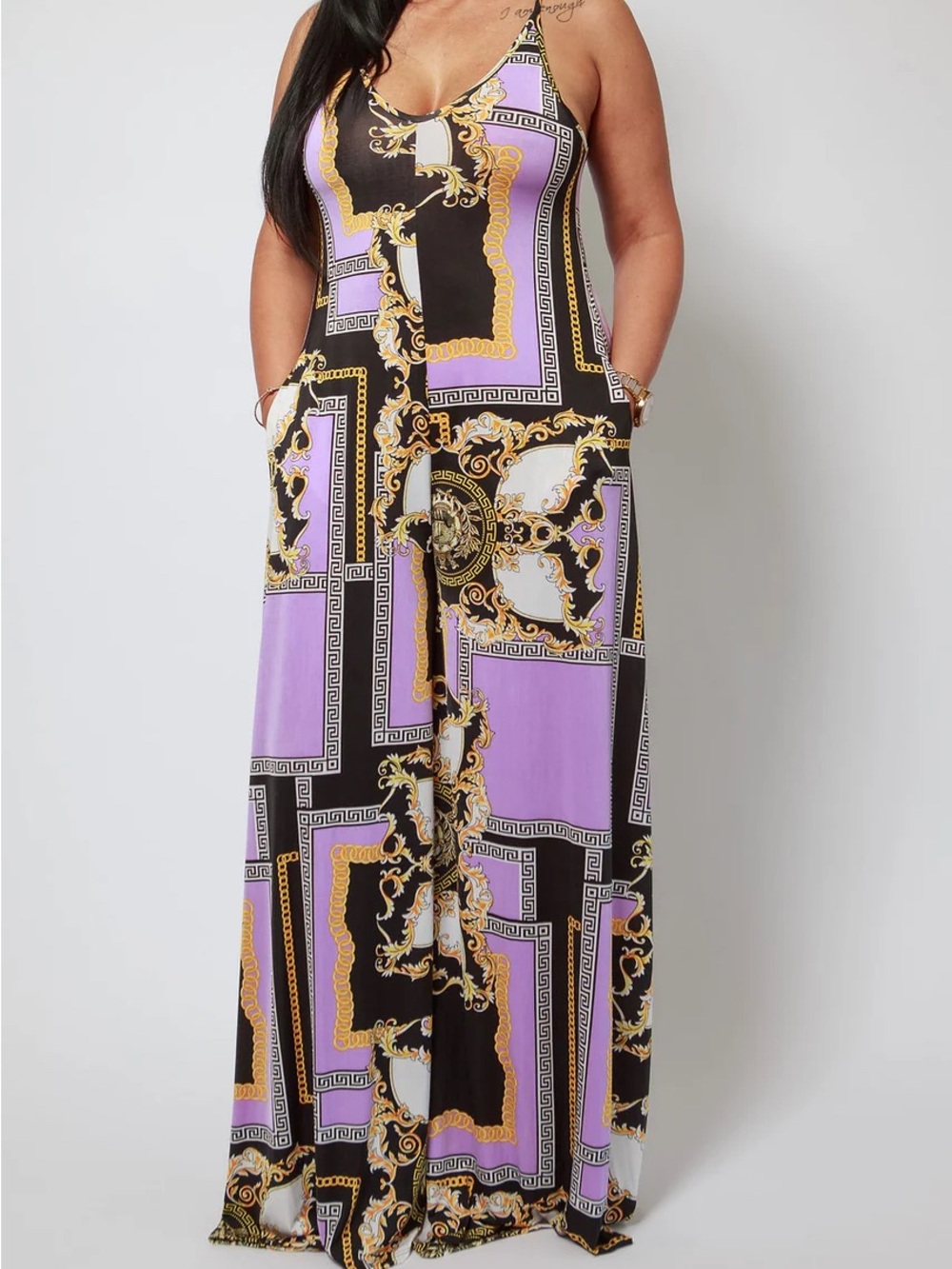 Lavender & Black Printed Jumpsuit with Gold Accents